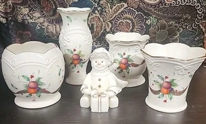 Lenox Holiday Tartan Candle Votives, Bud Vase, and Snowy Gift Snowman Figure - Picture 1 of 15
