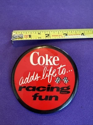 Coca Cola Advertising Pinback Button  Coke Adds Life To  RACING FUN - Image 1 of 2