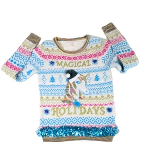 No Boundaries Sweater Youth 3-5 small ugly Unicorn Tinsel Sequin Christmas - Picture 1 of 11