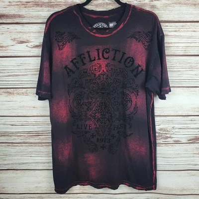 Camiseta Affliction Para Hombres XL Negra/Roja Manga Corta Camiseta Terciopelo Flor De Lis Foto 1 de 4
