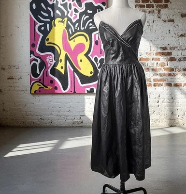 Vintage 1980s Strapless Black Leather Dress – Rhinestone Studded Trim Glam Rock - Image 1 of 4