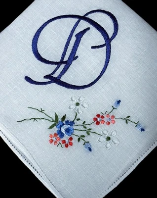 Pañuelo vintage bordado a mano floral AZUL REAL monograma "D", pañuelo**#12 Foto 1 de 2