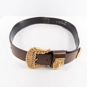 Accesorios Por Marla Cinturón M/L Cuero Marrón Grueso Tono Dorado Herrajes De Colección - Imagen 1 de 10