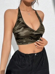 Casual Sexy Camouflage Knitted Women's Cropped Halter Tank Top Backless Size S - Picture 1 of 4