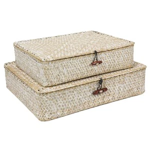 Set Of 2 Flat Seagrass Storage Bins With Lid Wicker Storage Baskets For Organizi - Picture 1 of 7