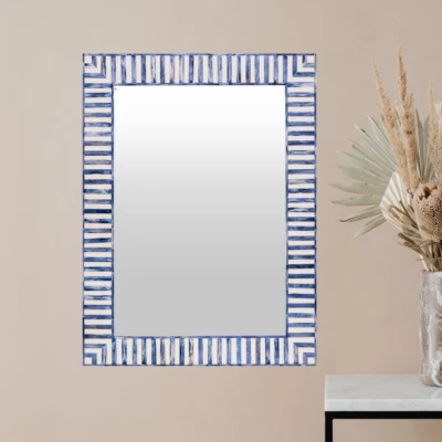 Strip pattern bone inlay mirror ,handmade bone inlay mirror , blue mirror - Image 1 of 2