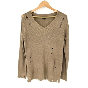 FOREVER 21 AMBIANCE APPAREL Sweater Womens Size M Tan Distressed V-Neck Chunky - Picture 1 of 16