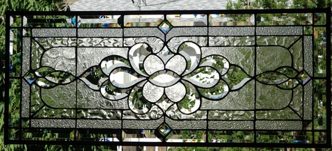 Stained Glass Transom window hanging 35 1/4 X 15 1/2 incl hooks Cover