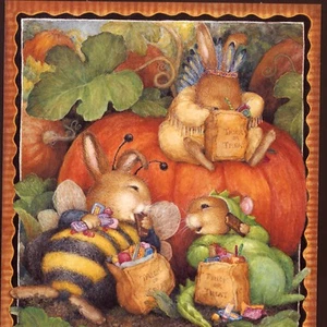 RABBITS STUFFED WITH HALLOWEEN CANDY,DRAGON,BEE,JOL,SUSAN WHEELER GREETING CARD - Picture 1 of 4