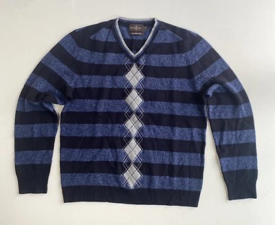 Black Brown 1826 Sweater Mens Medium Blue Merino Wool Pullover Striped Argyle - Image 1 of 4