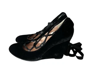 Nanette Lepore Halle Size 9M Black Velvet Lace Up Pumps Wedge Heels EUC! - Picture 1 of 15