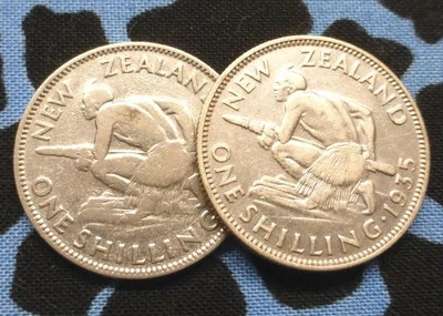 2 1935 New Zealand One Shilling Silver Coins, Crouched Warrior, King George V - Image 1 of 4