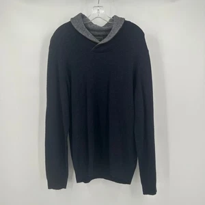 Mens Minimalist Shawl Collar Sweater Size L Lambswool Blend Soft Knit Navy - Picture 1 of 7