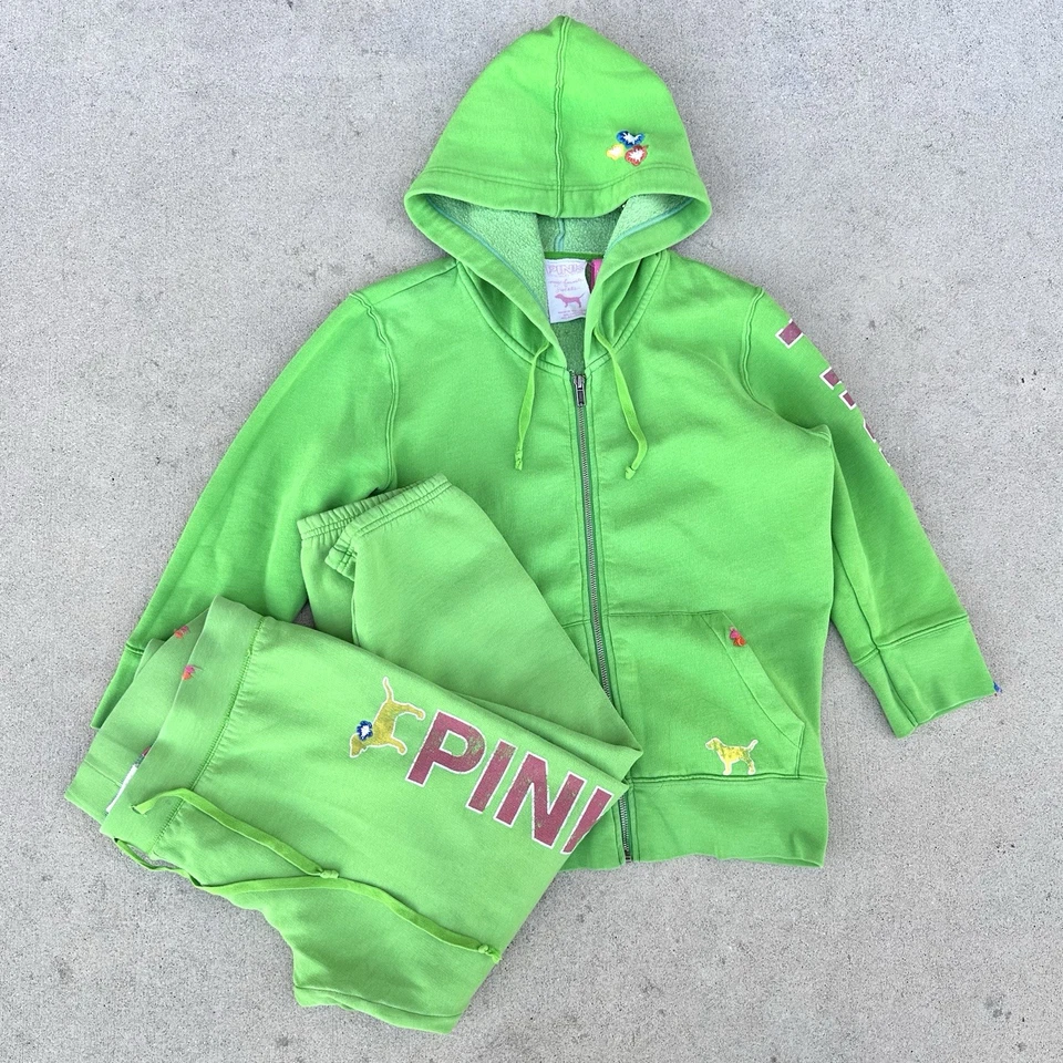 Vintage Y2K Pink Victoria’s Secret Set Green Hoodie & Sweatpants Medium 2006 - Image 1 of 4