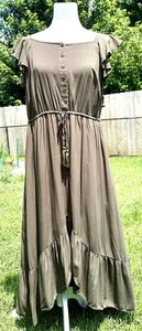 Just Found Ruffle Trim Sleeveless Prairie Dress Sz 14 XL Olive Green Rayon Soft! - Picture 1 of 16