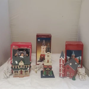 Set of 3 Lighted Christmas Village Houses Lemax Towne & Victorian Church - Picture 1 of 22