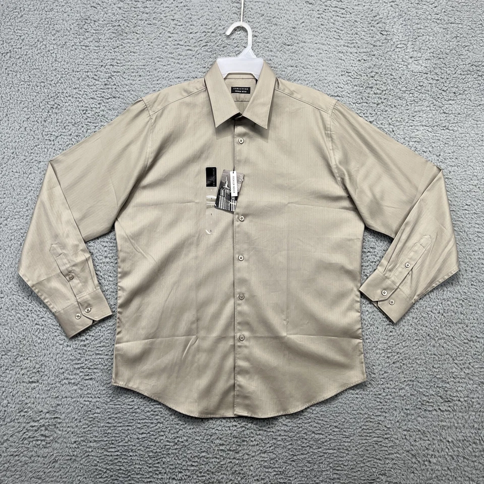 Camisa Structure Para Hombre Grande Bronceada Premium Tejida Texturizada Manga Larga Abotonada Nueva Foto 1 de 4