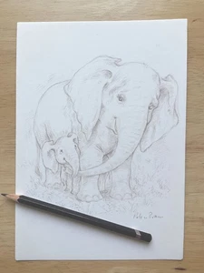 Original illustration drawing - baby and parent elephant - signed by Petra Brown - Picture 1 of 2