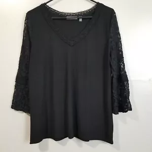 89th & Madison Black Lace Bell Sleeve Blouse Women's Large - Picture 1 of 8