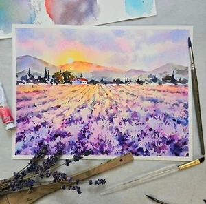 Original watercolor painting Provence Lavender Field Art Ftance Landscape 9"x12" - Picture 1 of 3