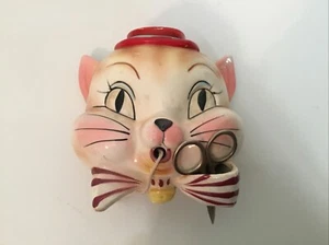 TIJERA CARA GATO CERÁMICA KITSCH VINTAGE AÑOS 50 Y SOPORTE DE CUERDA BOLSILLO DE PARED - ¡RARO! - Imagen 1 de 8