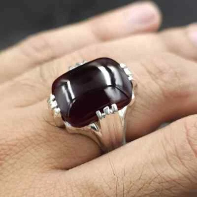 Anel Aqeeq natural iemenita sangue vermelho escuro anel Aqeeq prata 925 - Imagem 1 de 4