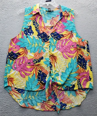 Blusa Top FOREVER 21 Mujer 3X Multi Floral Sin Mangas Cuello Botón Nudo Dobladillo Foto 1 de 4