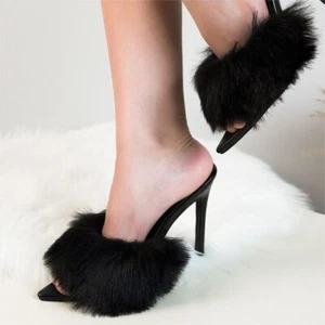 Mujeres 2024 Sexy Puntera Abierta Piel de Visón Tacón Alto Sandalias Zapatos de Fiesta Mules IGCA - Imagen 1 de 7