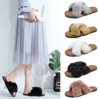 Para mujeres Conejo Esponjoso Toboganes Zapatillas Sandalias de Piel Sin Cordones Pluma Mules Zapatos Foto 1 de 4