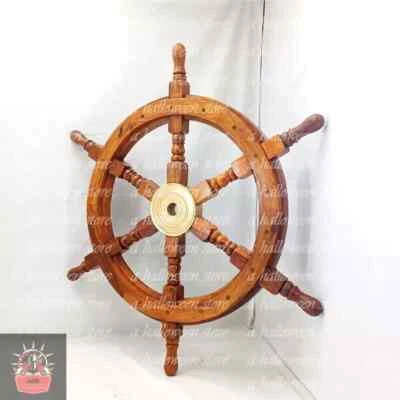 24 Inch Big Ship Steering Wheel Wooden Antique Teak Brass Nautical Pirate Ship's - Image 1 of 4