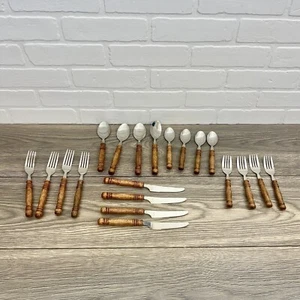 20 Vintage Homestead Wooden Handle Stainless Dinner Flatware Set Made In Taiwan - Picture 1 of 9