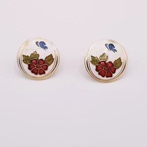 Round Cloisonne Enamel Earrings Clip On Red Flower Blue Butterfly Gold Tone - Picture 1 of 5