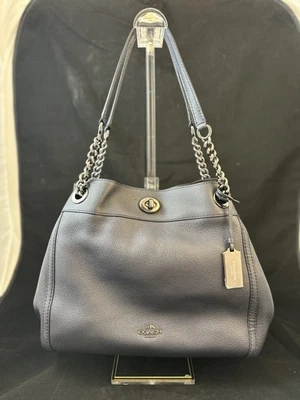 Bolso de Hombro Coach Edie Turnlock Edie en Cuero Azul Marino Guijarro 13" x 11" x 5" Foto 1 de 4