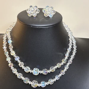 Aurora Borealis AB Crystal Double Strand VTG Necklace Clip Earrings Bracelet Set - Picture 1 of 6