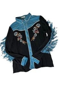 JOHN MOON TEXAS Western Hemd Gr. Large blau schwarz langarm bestickt Fransen - Bild 1 von 10