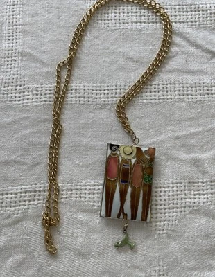 Vtg Beachy Enamel over Copper Pendant & Long Necklace - Image 1 of 4
