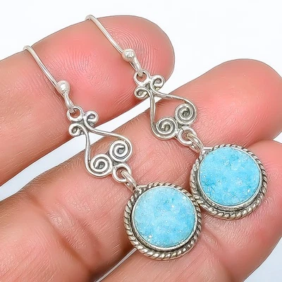 Titanium Aqua Blue Agate Drusy Silver Plated Bali Earring 1.76" T78 - Image 1 of 3