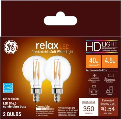 GE Relax Led Candelabra Bulbs Soft White Dimmable 40 Watts G16.5 - Image 1 of 2