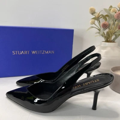Stuart Weitzman Eva 75 Slingback Patent Leather Pumps Black SG902 Women 8.5B NWB - Image 1 of 4