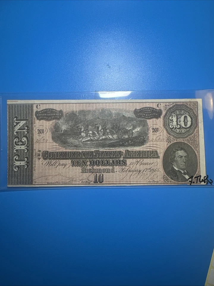 Billete de 10 dólares de Estados Confederados de América de 1862 T-52 nítido sin circular Foto 1 de 2