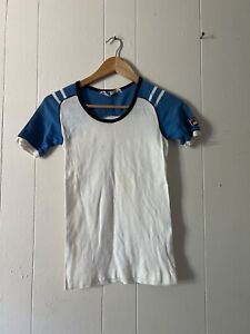 Vintage Womens Small FILA Ringer T-Shirt Blank Tight Blue White Single Stitch