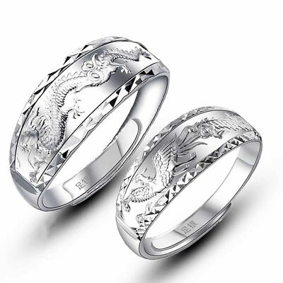 Pure Silver Ring For Women Men Dragon Phoenix Pattern Lover Ring Lucky Gift Ring - Image 1 of 4