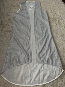 CRAZY TRAIN Women Size M/L Silver Glittery Sleeveless Long Open Front Duster NWT - Picture 1 of 6