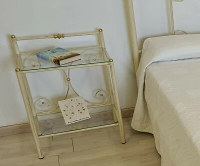 Comodino in ferro battuto Mimosa avorio oro - Immagine 1 di 3