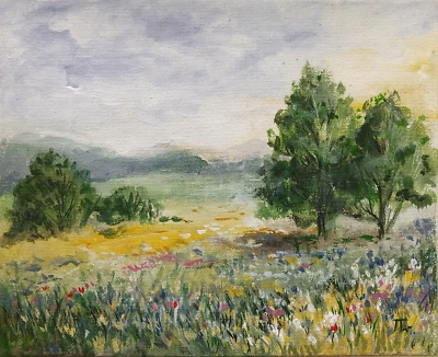 Pintura Original Lienzo Flores Silvestres Campo Paisaje Prado 8x10 pulgadas Foto 1 de 4