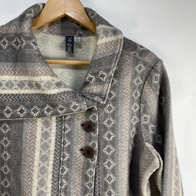 Cárdigan Suéter Ibex Beige Gris Estampado Geométrico Mezcla de Lana Botón Abierto Talla M Foto 1 de 4