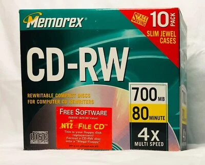 复古 Memorex CD-RW 700MB 80 分 CD-RW 4X 多速可录制 CD 10 包 全新 — 第 1/2 张图片