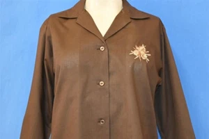 vintage 50s LADY MANHATTAN CROSS STITCH FLORAL BROWN LOOP COLLAR SHIRT WOMEN'S L - Picture 1 of 6
