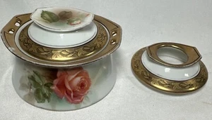 REINHOLD SCHLEGELMILCH RS GERMANY 3 PIECE VANITY DECORATION ROSES GOLD 1880's - Picture 1 of 24