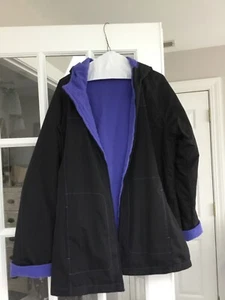 IZOD Jacket Women XL X Large Reversible Polyester Fleece Black Periwinkle Hooded - Picture 1 of 7